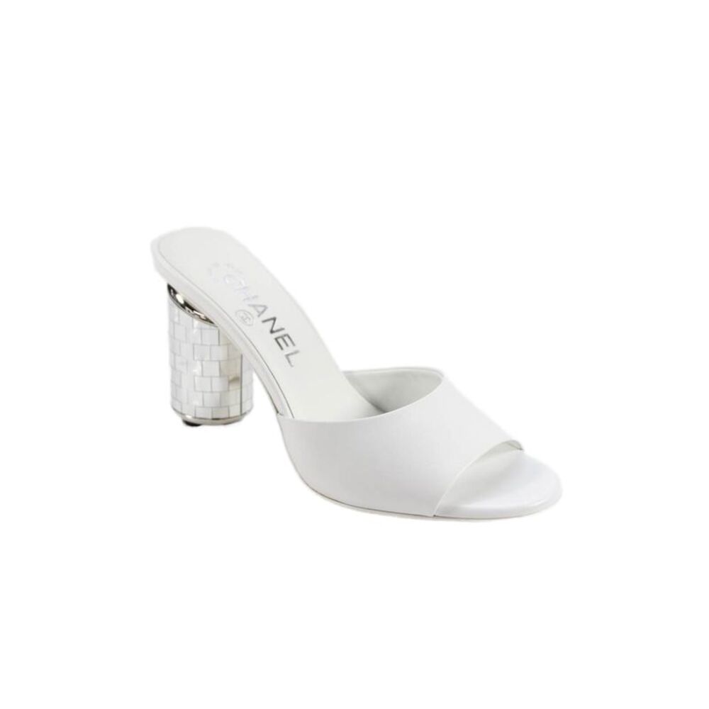 Chanel Womens Mirrored CC Block Heel Single Strap Slide Sandals White Leather 36